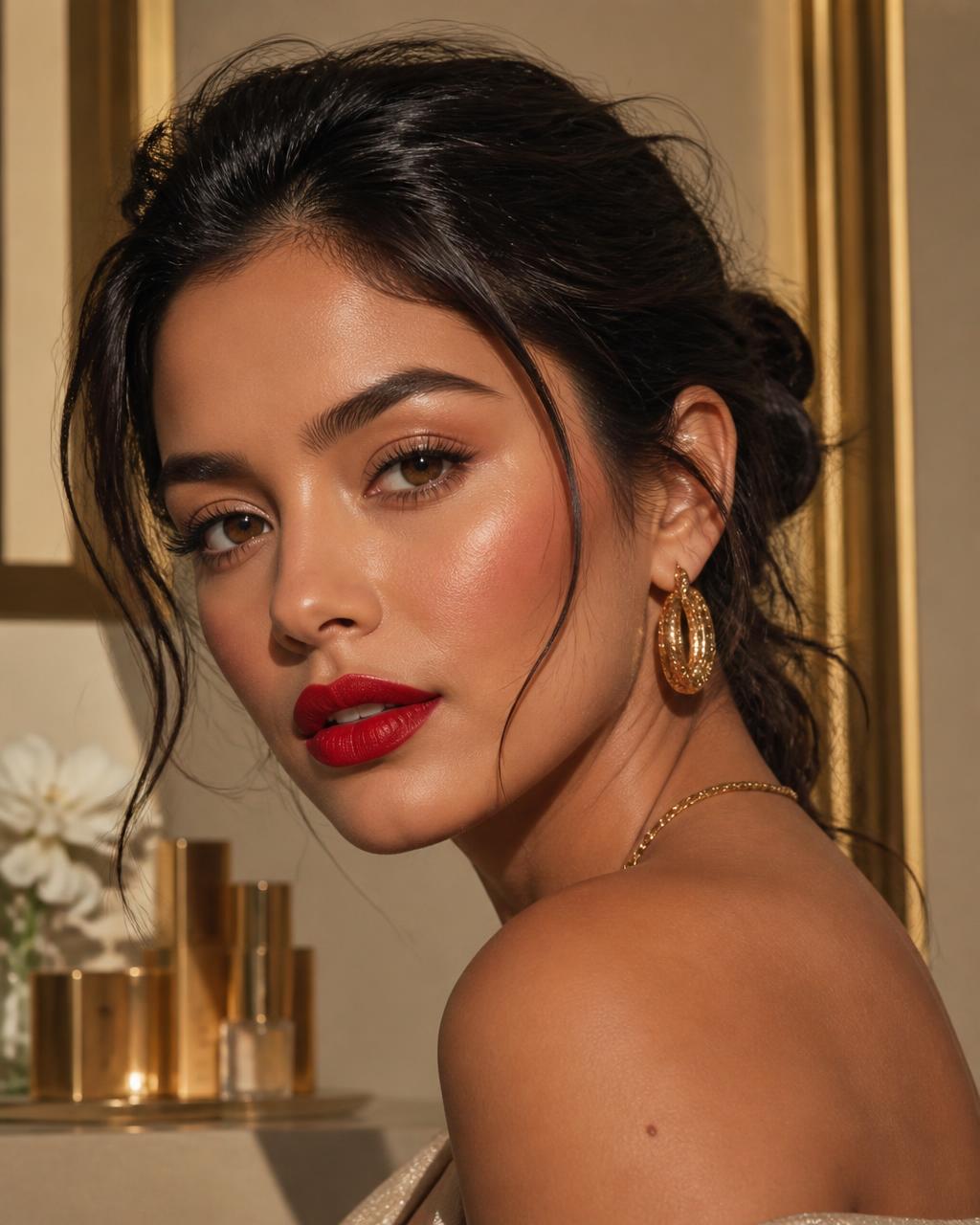 Modelo de pele morena com maquiagem ISCHIC no tom Cereja